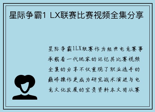 星际争霸1 LX联赛比赛视频全集分享
