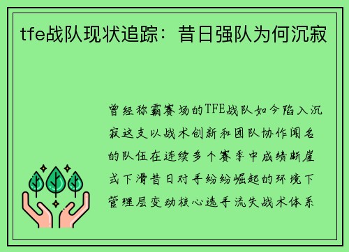 tfe战队现状追踪：昔日强队为何沉寂